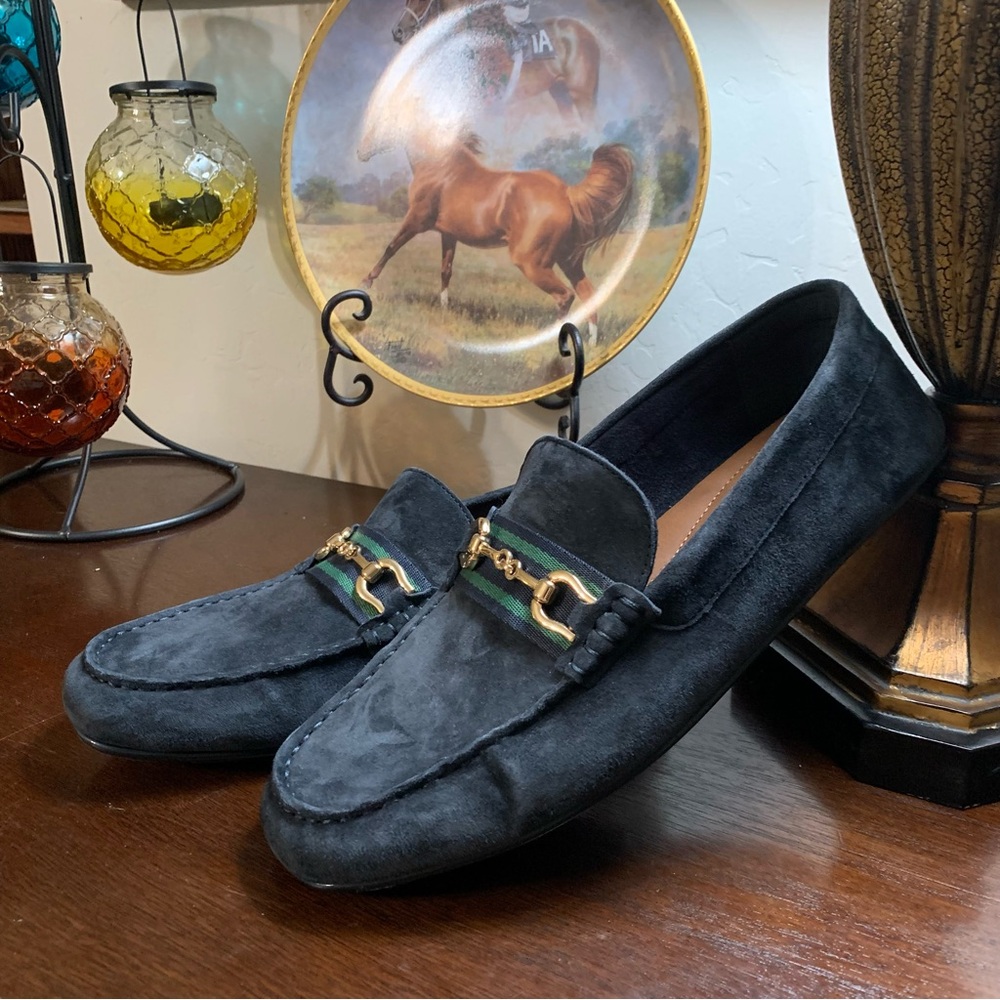 Aldo Men’s 8 Navy Suede Driving Loafers Blue Green Horse Bit Leather Preppy EUC